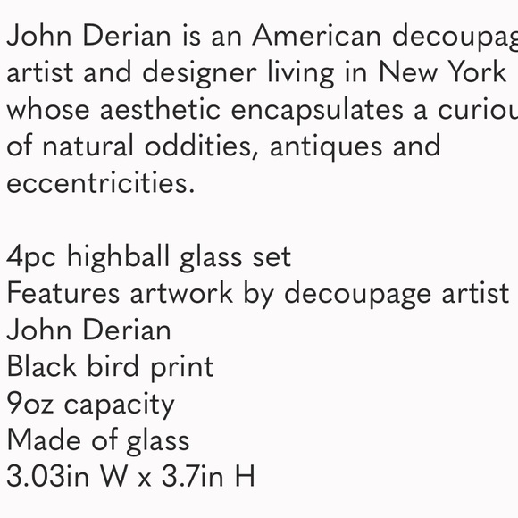 JOHN DERIAN NWT 4pc midnight dreary blackbird highball glass set - Picture 6 of 6